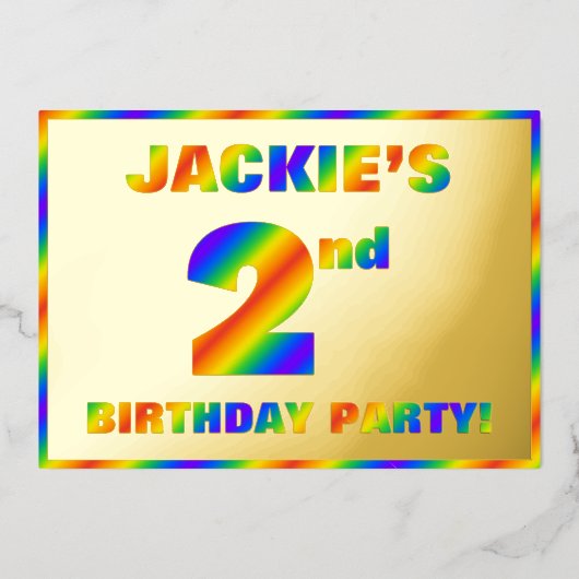 2回目の誕生日パーティー—おもしろい、レインボースペクトル「2」 箔招待状 (正面)