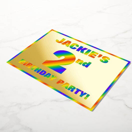 2回目の誕生日パーティー—おもしろい、レインボースペクトル「2」 箔招待状 (回転した状態)