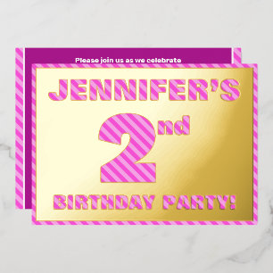 2回目の誕生日パーティー:はっきりした、おもしろい、ピンクストライプ色の数# 2 箔招待状