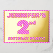 2回目の誕生日パーティー:はっきりした、おもしろい、ピンクストライプ色の数# 2 箔招待状 (正面)