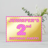 2回目の誕生日パーティー:はっきりした、おもしろい、ピンクストライプ色の数# 2 箔招待状 (立ち正面)