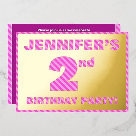 2回目の誕生日パーティー:はっきりした、おもしろい、ピンクストライプ色の数# 2 箔招待状 (正面/裏面)