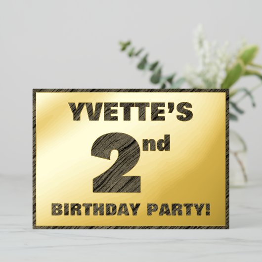 2回目の誕生日パーティー— はっきりした、ウッドグフェイクレイン文字 箔招待状 (立ち正面)