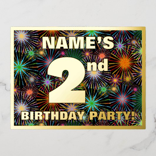 2回目の誕生日パーティー: はっきりした, カラフル Fireworks Look 箔招待状ポストカード (正面)