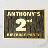 2回目の誕生日パーティー: はっきりした、フェイク木目のパターン 箔招待状 (正面)