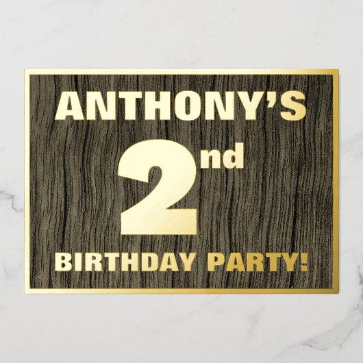 2回目の誕生日パーティー: はっきりした、フェイク木目のパターン 箔招待状 (正面)