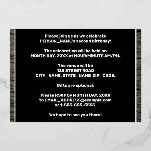 2回目の誕生日パーティー: はっきりした、フェイク木目のパターン 箔招待状 (裏面)