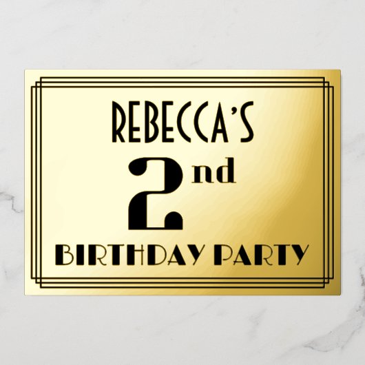 2回目の誕生日パーティー:アールデコの外観「2」と名前 箔招待状 (正面)