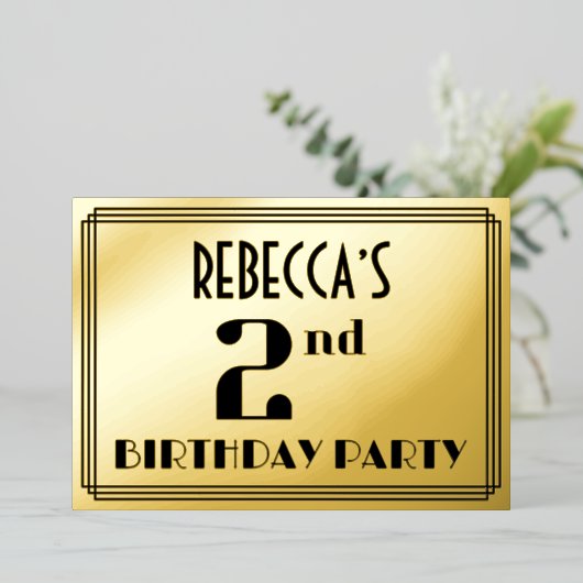 2回目の誕生日パーティー:アールデコの外観「2」と名前 箔招待状 (立ち正面)
