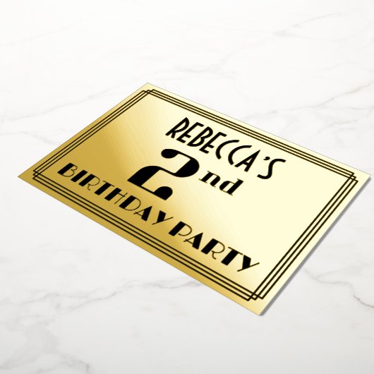 2回目の誕生日パーティー:アールデコの外観「2」と名前 箔招待状 (回転した状態)