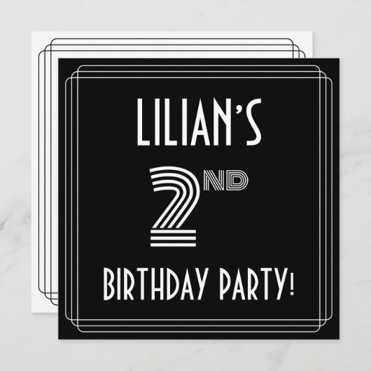 2回目の誕生日パーティー:アールデコスタイル(名前をカスタムする付き) 招待状 (正面/裏面)