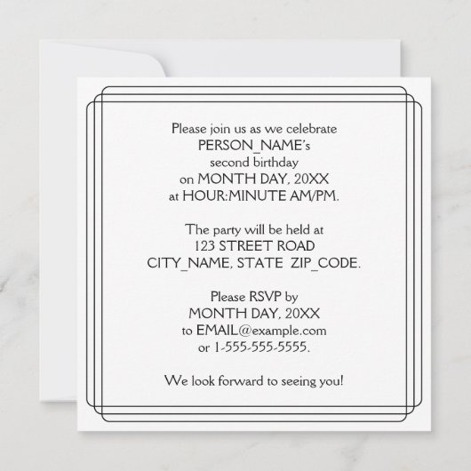 2回目の誕生日パーティー:アールデコスタイル(名前をカスタムする付き) 招待状 (裏面)