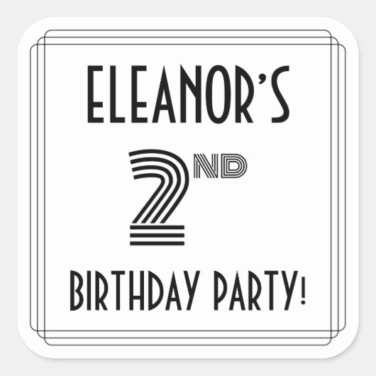 2回目の誕生日パーティー:アールデコスタイル+名前をカスタムする スクエアシール (正面)