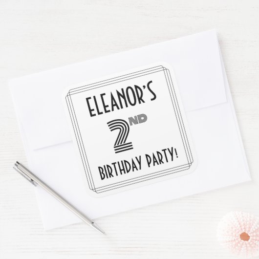 2回目の誕生日パーティー:アールデコスタイル+名前をカスタムする スクエアシール (封筒)
