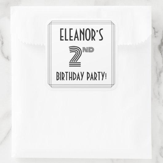 2回目の誕生日パーティー:アールデコスタイル+名前をカスタムする スクエアシール (バッグ)