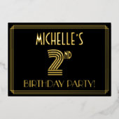 2回目の誕生日パーティー—アールデコスタイル「2」 +名前 箔招待状 (正面)