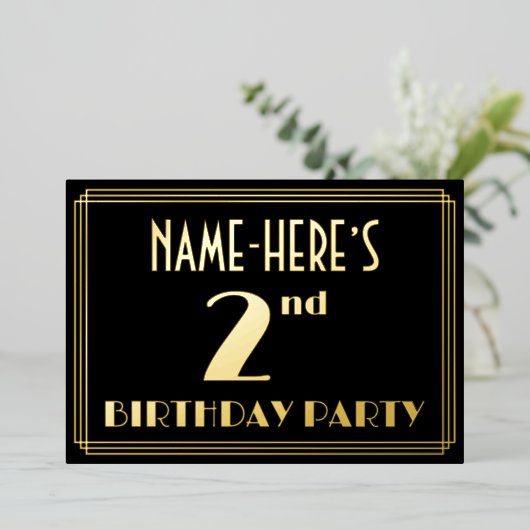 2回目の誕生日パーティー:アールデコルック「2」、名前つき 箔招待状 (立ち正面)