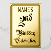 2回目の誕生日パーティー—エレガントスクリプト+名前をカスタムする 箔招待状 (正面)