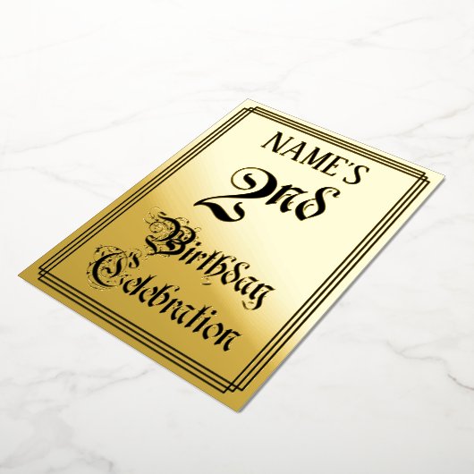 2回目の誕生日パーティー—エレガントスクリプト+名前をカスタムする 箔招待状 (回転した状態)