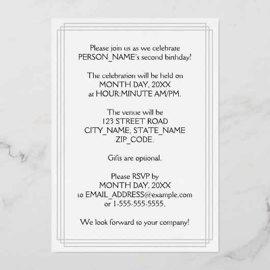 2回目の誕生日パーティー—エレガントスクリプト+名前をカスタムする 箔招待状 (裏面)