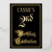 2回目の誕生日パーティー—ファンシースクリプトと名前をカスタムする 箔招待状 (正面)