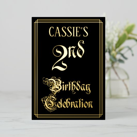2回目の誕生日パーティー—ファンシースクリプトと名前をカスタムする 箔招待状 (立ち正面)