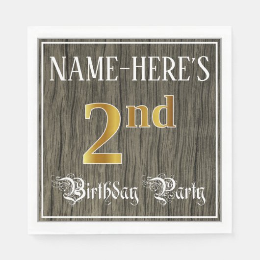 2回目の誕生日パーティー—フェイク金ゴールドとフェイク木の外観 スタンダードランチョンナプキン (正面)