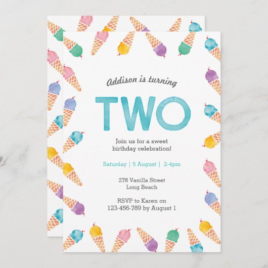 2回目の誕生日パーティー | レインボーアイスクリームの招待 招待状 (正面/裏面)