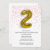 2回目の誕生日ピンクの紙吹雪と金ゴールドバルーン 招待状 (正面/裏面)