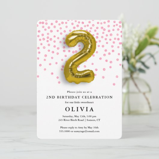 2回目の誕生日ピンクの紙吹雪と金ゴールドバルーン 招待状 (スタンド正面)