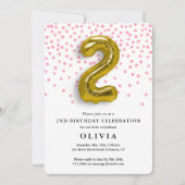 2回目の誕生日ピンクの紙吹雪と金ゴールドバルーン 招待状 (正面)