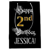 2回目の誕生日ファンシー～スクリプフェイクト；金ゴールド検索；名前 ミディアムペーパーバッグ (正面)