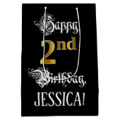 2回目の誕生日ファンシー～スクリプフェイクト；金ゴールド検索；名前 ミディアムペーパーバッグ (裏面)