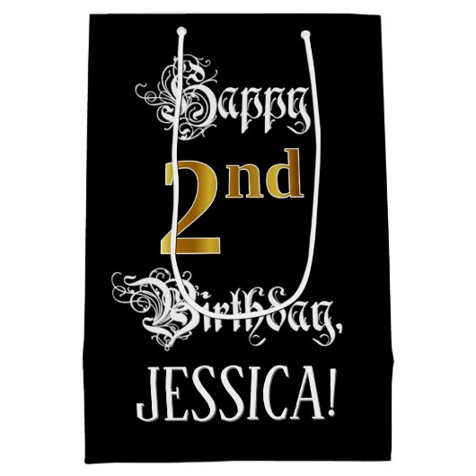 2回目の誕生日ファンシー～スクリプフェイクト；金ゴールド検索；名前 ミディアムペーパーバッグ (裏面)