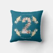 2回目の誕生日フォトコラージュティール(緑がかった色)ブルーイエローフラワー クッション (裏面)