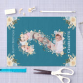 2回目の誕生日フォトコラージュティール(緑がかった色)ブルーイエローフラワー 薄葉紙 (クラフト)