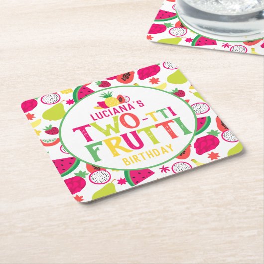2回目の誕生日フルーツフルーツバースデーパーティー スクエアペーパーコースター (アングル)