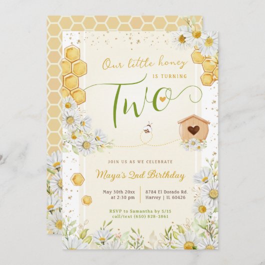 2回目の誕生日リトルハニースウィートビーガールの2番目 招待状 (正面/裏面)