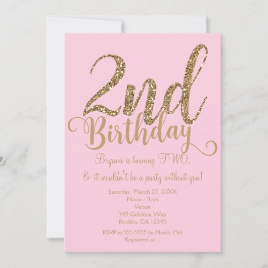 2回目の誕生日2ピンクと金ゴールドパーティー2招待状 招待状 (正面)
