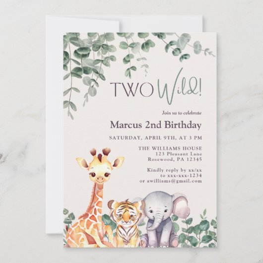 2回目の誕生日2ワイルドサファリジャングルウォーターカラー 招待状 (正面)