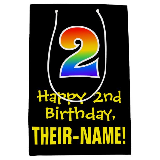 2回目の誕生日：おもしろいはっきりした, カラフル, Rainbow "2" ミディアムペーパーバッグ (正面)