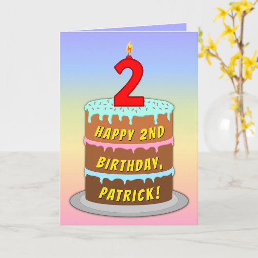 2回目の誕生日 – おもしろいケーキとキャンドル、名前をカスタムする付き カード (黄色い花)