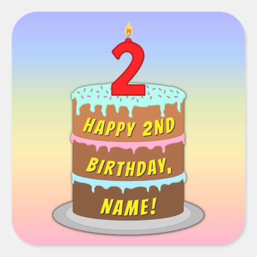 2回目の誕生日:おもしろいケーキとキャンドル+名前をカスタムする スクエアシール (正面)