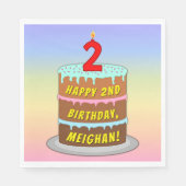 2回目の誕生日：おもしろいケーキとキャンドル+名前をカスタムする スタンダードランチョンナプキン (正面)