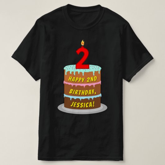 2回目の誕生日 – おもしろいケーキ&キャンドル、名前をカスタムする付き Tシャツ (デザイン正面)