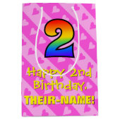 2回目の誕生日：おもしろいピンクハートストライプ&レインボー2 ミディアムペーパーバッグ (正面)