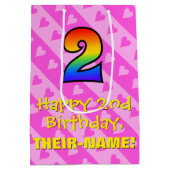 2回目の誕生日：おもしろいピンクハートストライプ&レインボー2 ミディアムペーパーバッグ (裏面)