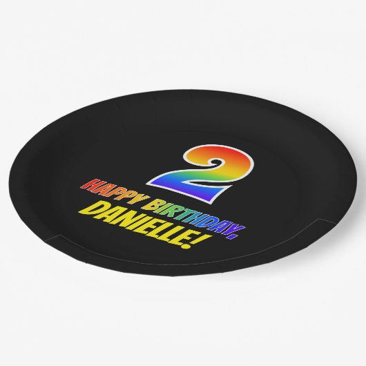 2回目の誕生日:はっきりした,おもしろい,シンプル虹, Rainbow 2 ペーパープレート (アングル)