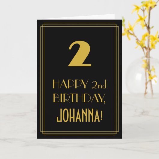2回目の誕生日 – インスパイアアールデコ「2」の外観と名前 カード (黄色い花)