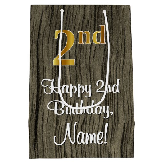 2回目の誕生日：エレガントフェイク金ゴールドルック#,フェイク Wood ミディアムペーパーバッグ (裏面)